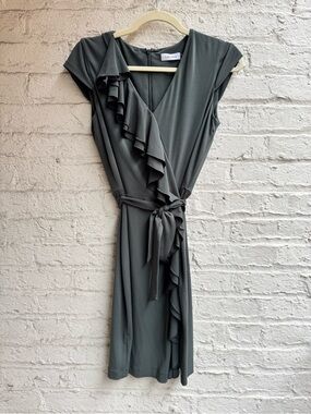 Calvin Klein Olive Green Ruffle Wrap Midi Dress